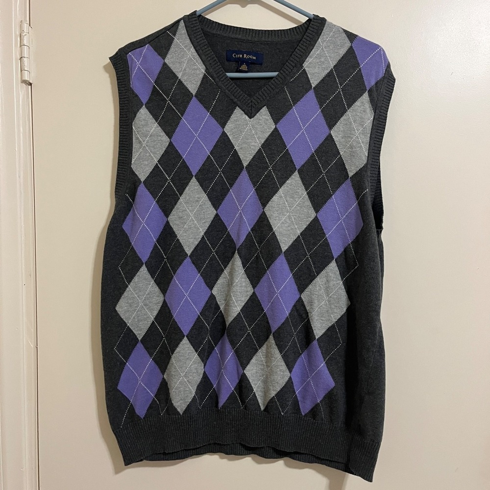 Vtg Club Room Men Argyle V Neck Sweater Vest L Preppy Dark Academia Old Money
